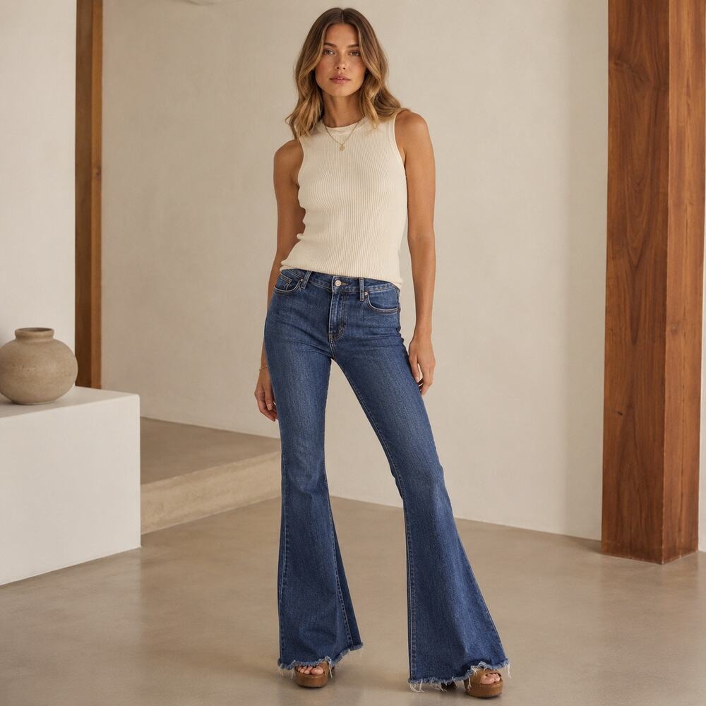 70s Boho Flare MOTHER Weekender Fray Teaming Up Medium Wash Jeans 29 Pristine